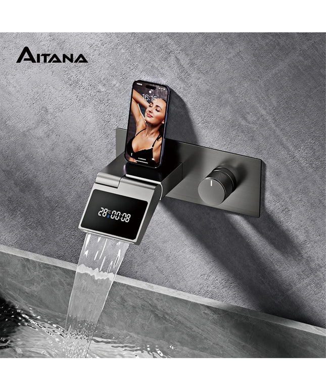 Luxury gun gray brass wall mounted bathroom faucet with LED digital display Single handle hot & cold water embedded bathroom Tap