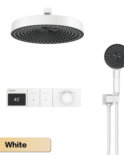 Luxury gun gray brass LED digital display shower system with wall mounted design, simple bathroom faucet for hot and cold water