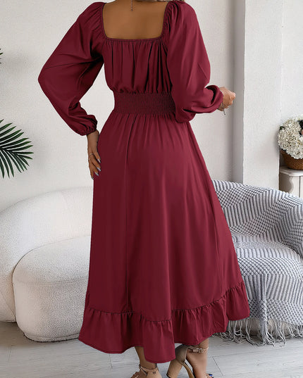 Spring Summer Elegant High Waist Square Neck Long Sleeve Ruffled Edge Long Dresses for Bridesmaids Red Blue Khaki Women Dresses