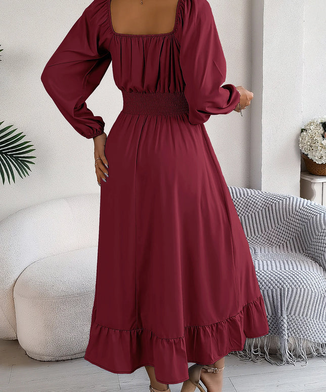 Spring Summer Elegant High Waist Square Neck Long Sleeve Ruffled Edge Long Dresses for Bridesmaids Red Blue Khaki Women Dresses