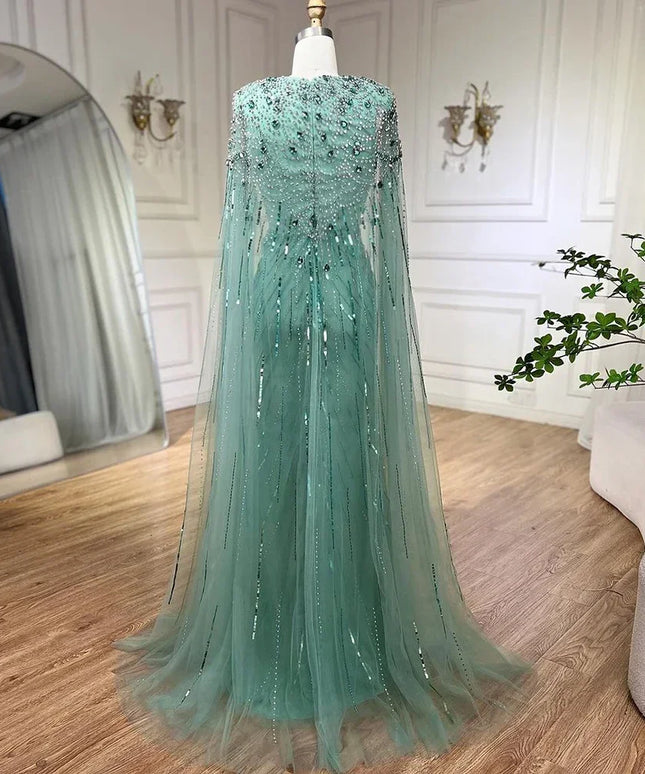 Serene Hill Turquoise Mermaid Evening Dresses Gowns 2025 with Beaded Cape Sleeves Design Customize Wedding Party BLA72168A
