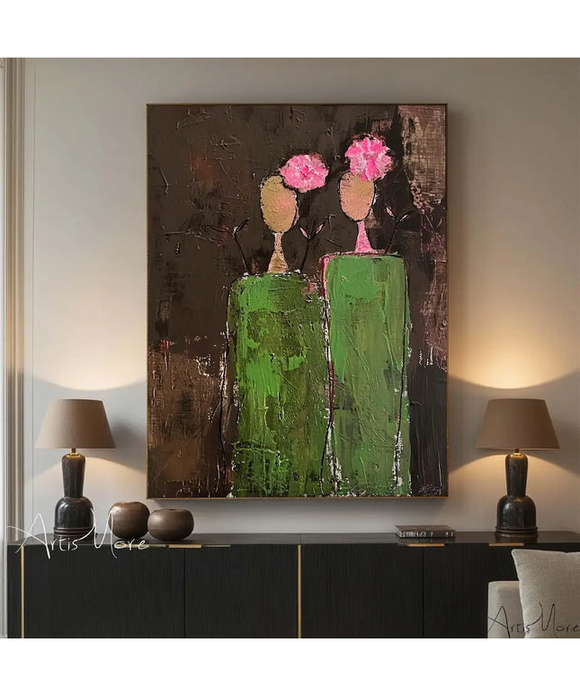 Mhemyo Abstract Woman Figure Handmade Painting Large Brown Green Texture Painting Vintage Abstract People Art Wabi Sabi Wall Art