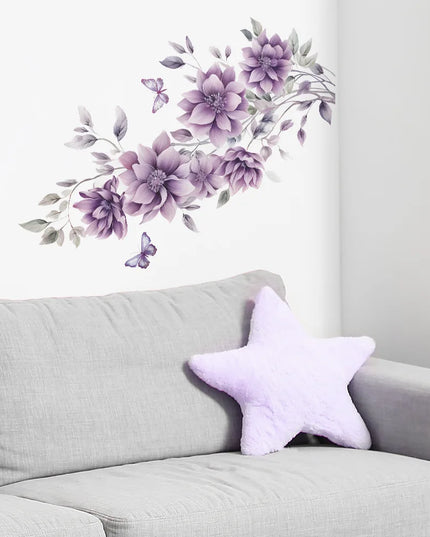 Purple Flowers Butterfly Wall Stickers Living Room Bedroom Background Decor Mural Bathroom Home Decoration Self-adhesive Decals