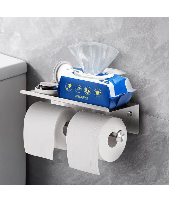 Double Toilet Paper Holder Wall-Mounted Stainless Steel Toilet Paper Holder with Phone Shelf Tissue Holder Bathroom Accessories