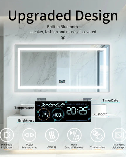 LUVODI Large Illuminated Bluetooth Bathroom Mirror Rectangle Anti-fog LED Bathroom Vanity Mirror with Bluetooth Speaker 3 Color