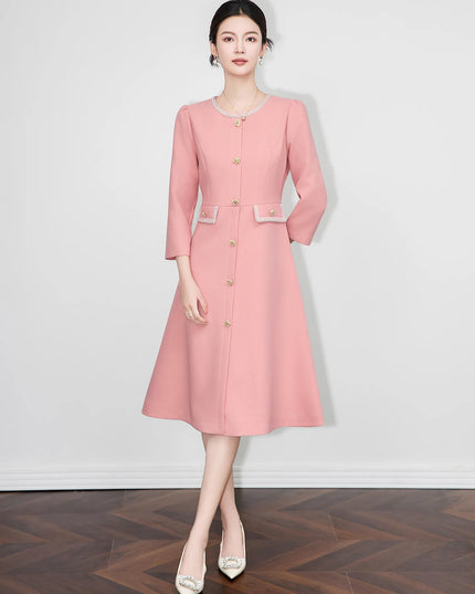 ZJYT New Fashion Beading Midi Dresses for Women Autumn 2025 Designer Long Sleeve Solid Pink Aline Casual Party Dress Vestidos