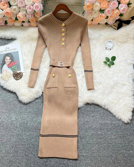 YuooMuoo 2025 Autumn Winter Women Knitted Long Dress Elegant O-neck Buttons Slim Waist Belted Sweater Dress Office Lady Vestidos