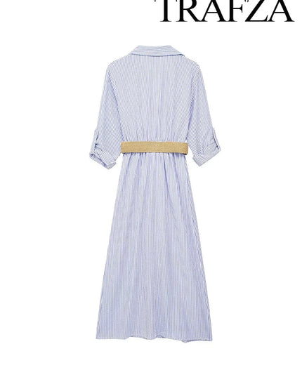Women's Elegant Rolled Sleeve Blue Striped Shirt Dress Single Breasted Lapel With Belt High Waist Long Sleeve Dresses