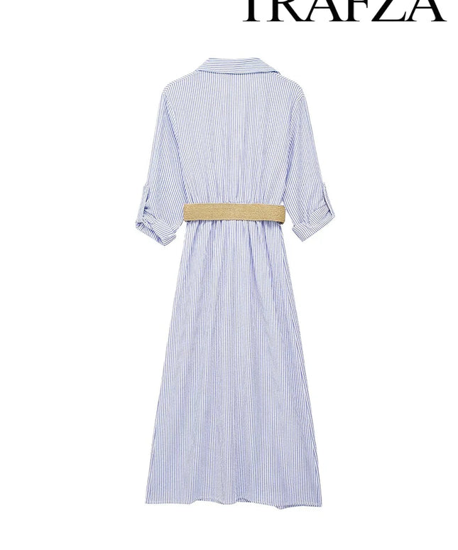 Women's Elegant Rolled Sleeve Blue Striped Shirt Dress Single Breasted Lapel With Belt High Waist Long Sleeve Dresses