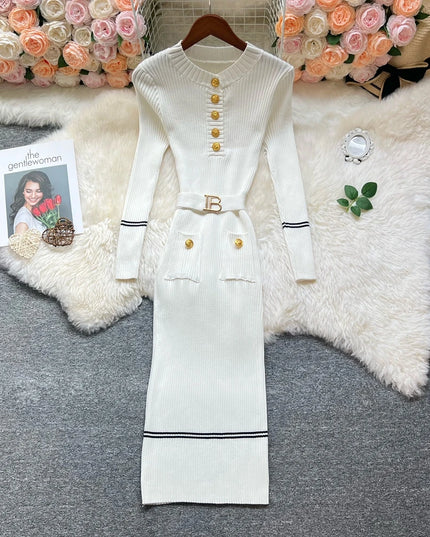 YuooMuoo 2025 Autumn Winter Women Knitted Long Dress Elegant O-neck Buttons Slim Waist Belted Sweater Dress Office Lady Vestidos