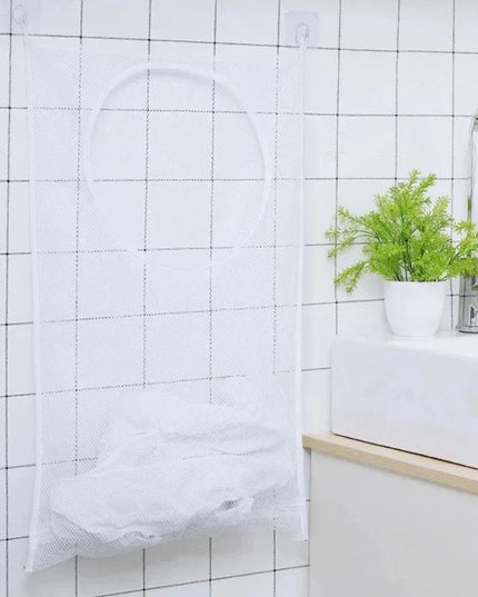 Dirty Clothes Storage Bag Basket Frame Bucket Foldable Mesh Laundry Bathroom Wall Hanging Household Clothing Organizer with Hook