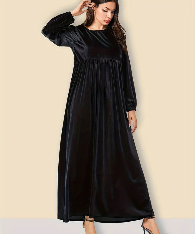 Plus size women's autumn and winter new solid color velvet slim long sleeve swing A-line skirt dress