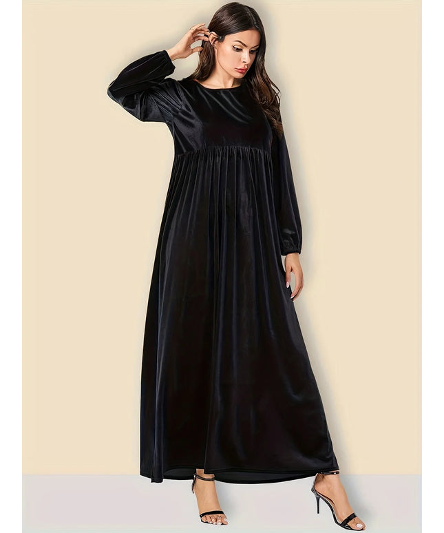 Plus size women's autumn and winter new solid color velvet slim long sleeve swing A-line skirt dress