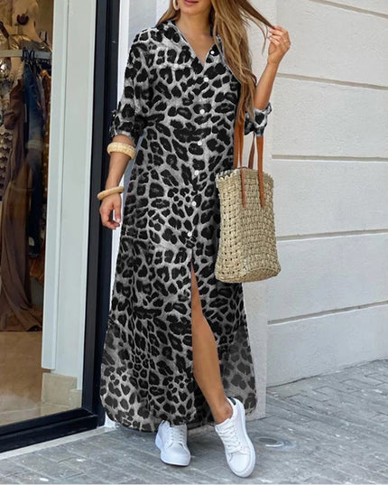 ZANZEA Plus Size Women's Leopard Print Long Dresses Stylish Long Sleeve Button Up Collared Shirt Dress 2025 Autumn Commuting 5XL