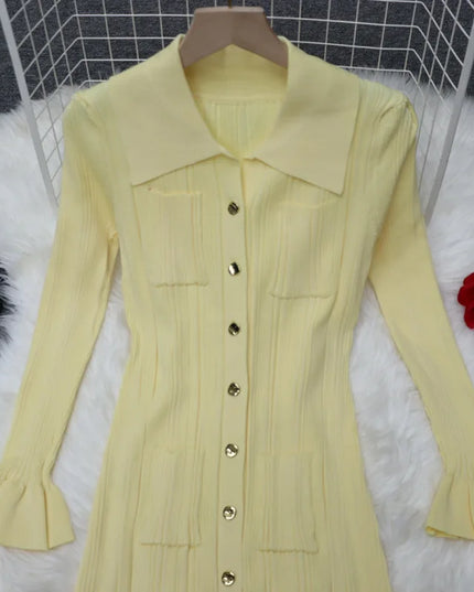 Winter Knitted Dress Women 2025 New Long Sleelve Ruffles Single Breasted Long Dresses Female Party Fashion Sweater Vestidos