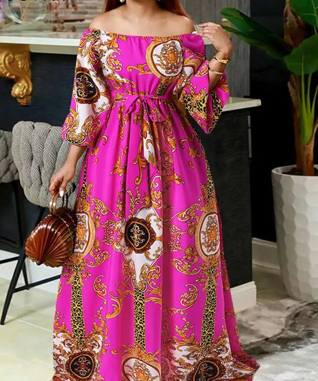VONDA Women Printed Party Dress 2024 Sexy Off Shoulder Long Lantern Sleeve Bohemian Sundress Belted Vintage Maxi Robe Oversized