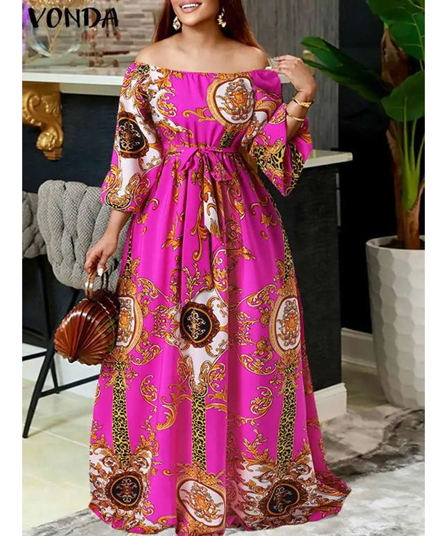 VONDA Women Printed Party Dress 2024 Sexy Off Shoulder Long Lantern Sleeve Bohemian Sundress Belted Vintage Maxi Robe Oversized