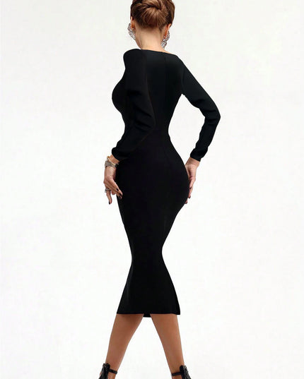 Women's Fantasy Long Sleeve V Neck Midi Bodycon Dress Summer Bandage Dress Black Elegant Wedding Evening Cocktail Party Dress Se