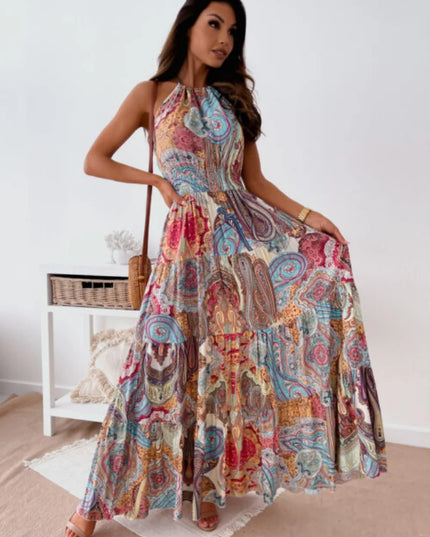 Fashionable and sexy bohemian-style printed backless suspender long dress for women