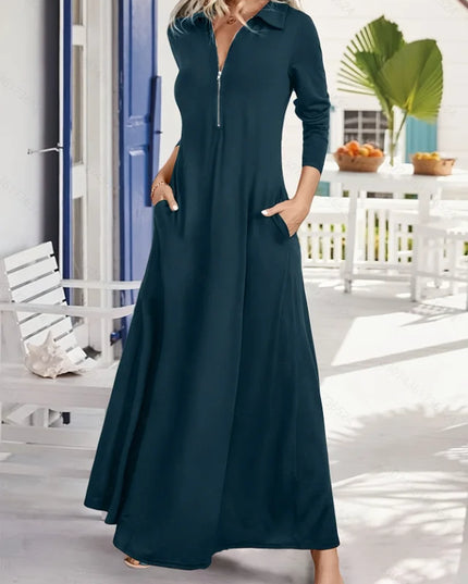 ﻿ Women's Elegant Solid Maxi Dress Fashion Simple Long Skirt 2025 Spring Autumn Slim Long Sleeves Shirt Dresses With Pockets