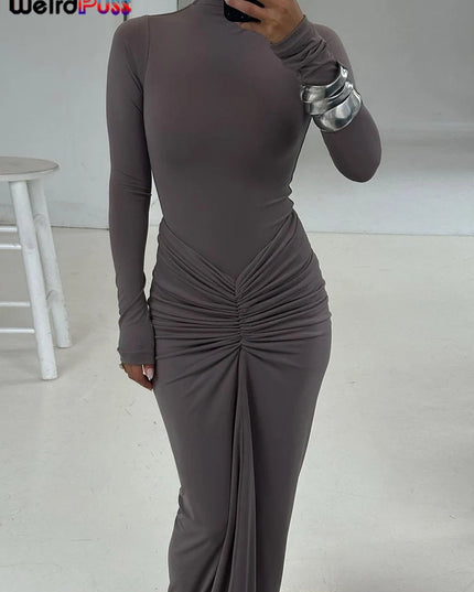 Weird Puss Hipster Ruched Dress Women o-NeckFull Sleeve  Skinny Stretch Robe Autumn Trend Simple Classic Pleats Long Bodycon
