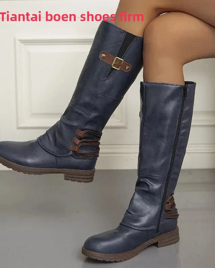 Women's round Toe Side Zipper PU Mid-Calf Boots Autumn Winter New Style Square Heel Booties Comfortable Rubber Lined Shoes