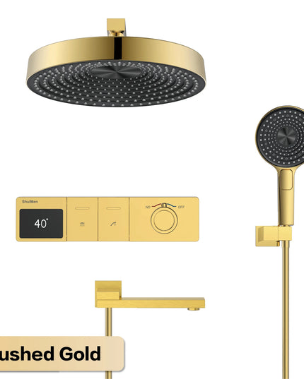 Luxury gun gray brass LED digital display shower system with wall mounted design, simple bathroom faucet for hot and cold water