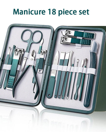 Green 6-18 Pcs Manicure Set With Leather Case Professional Foot And Face Care Tool Kits Stainless Steel Nail Clipper Sets Gift