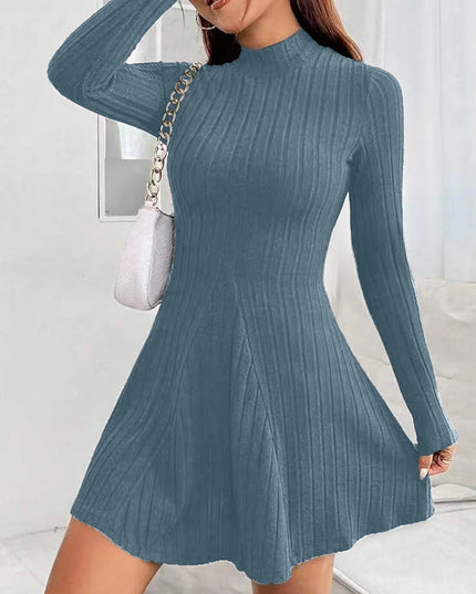 Women's slim fit half high collar waist cinched A-line skirt long sleeved pit stripe dress