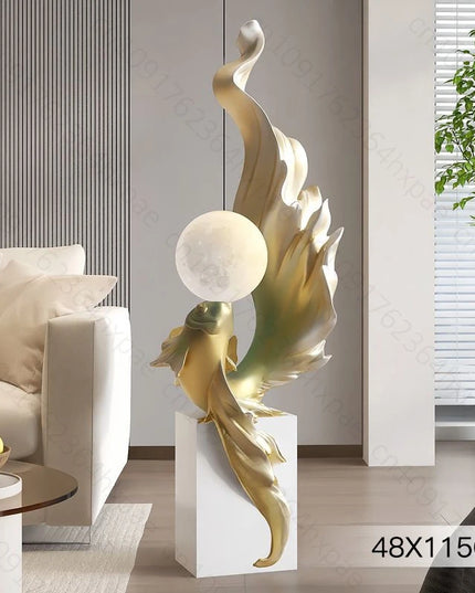 Luxury LED Moon Light Koi Fish Floor Sculpture Elegant Interior Home Decor Handcrafted Sculptural Art for Living Room Entryway