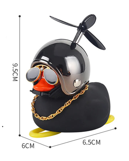 Cool Black Rubber Duck Toy Bike Car Ornaments Dashboard Decorations Squeeze Duck Bicycle Horns with Propeller Helmet for Kids