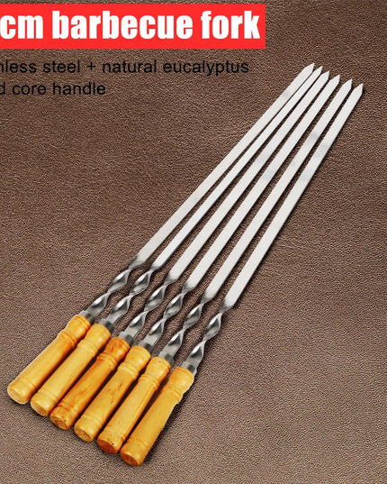 6Pcs Long Handle Shish Kebab Wood BBQ Fork Stainless steel Outdoors Grill Needle Barbecue Grill Stick 55cm 21.65" BBQ Skewers