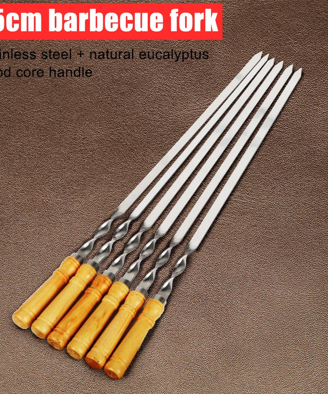 6Pcs Long Handle Shish Kebab Wood BBQ Fork Stainless steel Outdoors Grill Needle Barbecue Grill Stick 55cm 21.65" BBQ Skewers