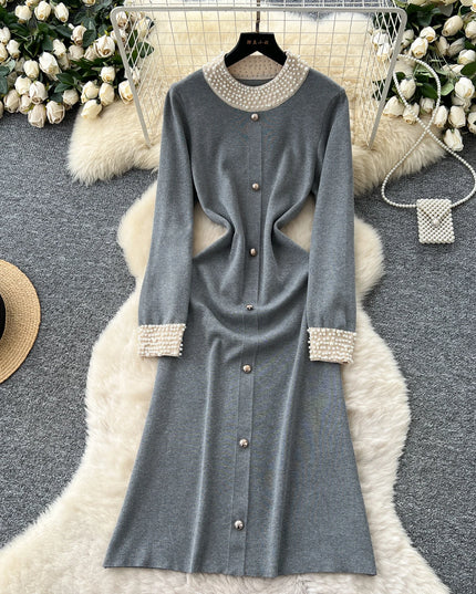 YuooMuoo Brand Fashion 2025 Autumn Winter Women Knitted Long Dress Luxury Pearls O-neck A-line Sweater Dress Office Lady Vestido