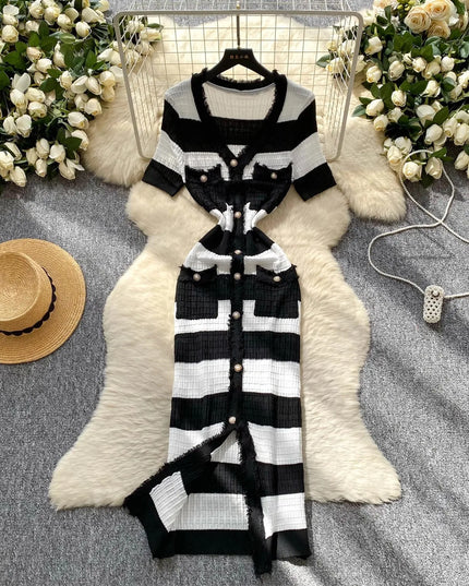 YuooMuoo Chic Fashion Sexy Package Hips Knitted Long Dress 2025 Spring and Summer Elegant Slim Waist Office Lady Sweater Dress