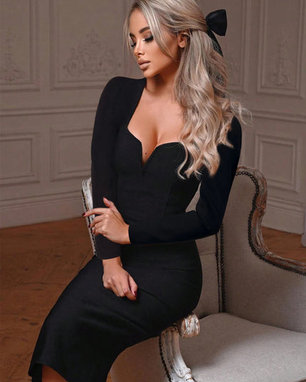 Women's Fantasy Long Sleeve V Neck Midi Bodycon Dress Summer Bandage Dress Black Elegant Wedding Evening Cocktail Party Dress Se