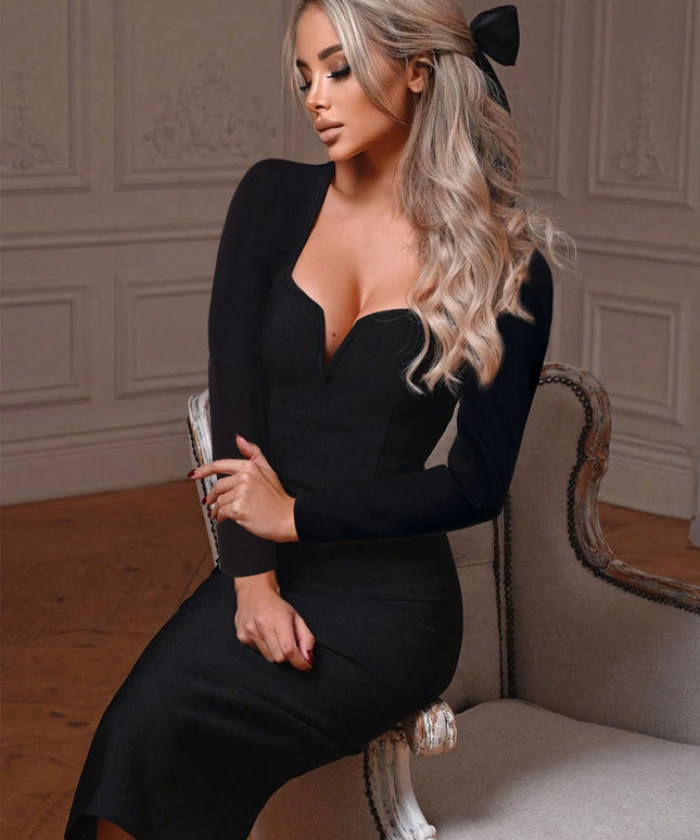Women's Fantasy Long Sleeve V Neck Midi Bodycon Dress Summer Bandage Dress Black Elegant Wedding Evening Cocktail Party Dress Se