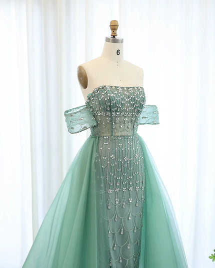 Sharon Said Luxury Champagne Mermaid Arabic Evening Dress with Overskirt 2025 Dubai Women Wedding Party Gowns SS168 Customized