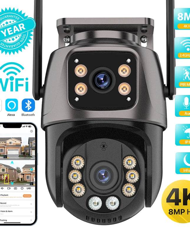 4K 8MP HD Wifi PTZ Camera Outdoor 4MP Dual Lens Dual Screen AI Auto Tracking IP Camera CCTV Audio Video Surveillance P2P iCSee