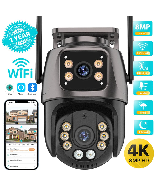 4K 8MP HD Wifi PTZ Camera Outdoor 4MP Dual Lens Dual Screen AI Auto Tracking IP Camera CCTV Audio Video Surveillance P2P iCSee