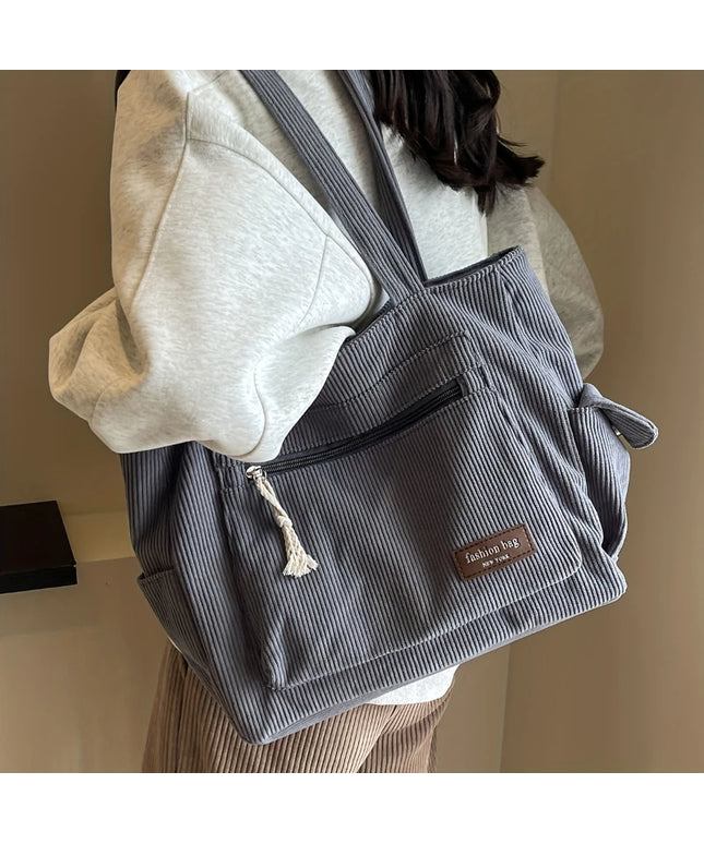 Simple Corduroy Tote Bag, Solid Color Shoulder Bag, Retro Multi Pockets Handbag For School Work Shopping