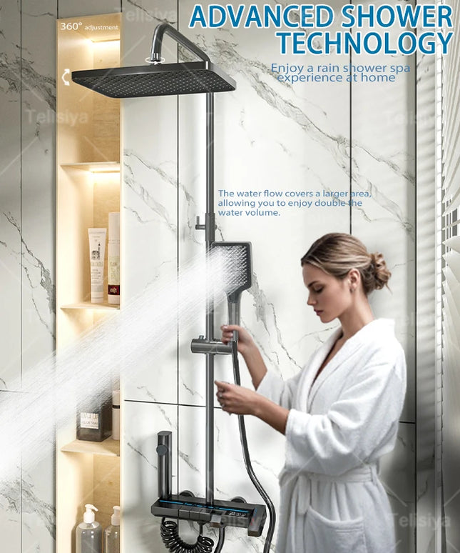 Bathroom Shower System Sets Piano Button Ambient Light Digital Display Pressurization Rain Faucets Shower Set
