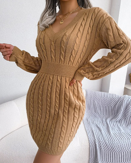 VigoCasey 2025 V Neck Casual Short Knit Dress Autumn Winter Women Solid Long Sleeve Dress Lady Khaki Bodycon Knitted Dresses