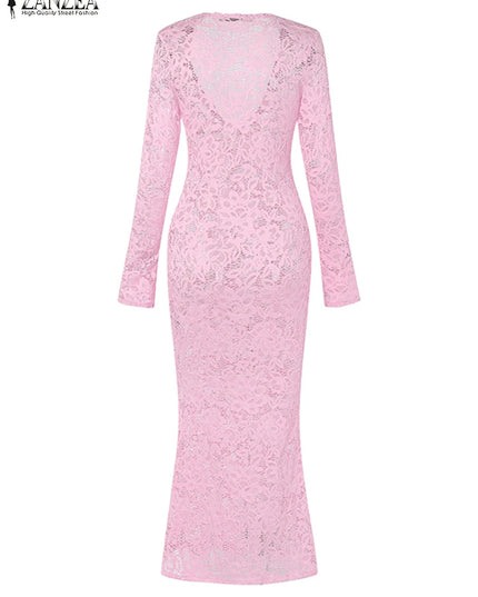 ZANZEA Women's Sexy Tight Clubbing Party Dresses Deep-V Neck Long Sleeve See-Through Lace Bodycon Long Dress Plus Size 5XL