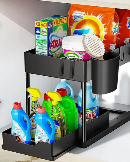 2 Tier Under Sink Organizer Sliding Cabinet Basket Organizer Storage Rack with Hooks Hanging Cup Bathroom Kitchen Organizer