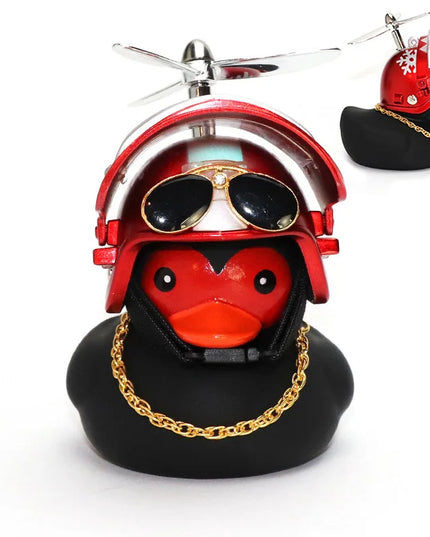 Cool Black Rubber Duck Toy Bike Car Ornaments Dashboard Decorations Squeeze Duck Bicycle Horns with Propeller Helmet for Kids