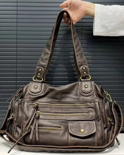 Y2K Hot Girl Single Shoulder Crossbody Bag Vintage Washed Leather Motorcycle Bag Large Capacity Multi Pocket Bag