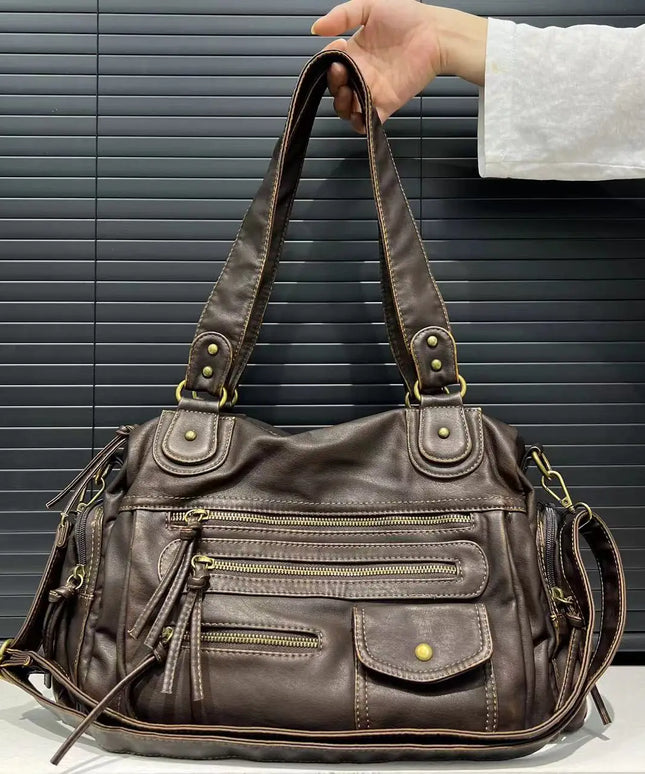Y2K Hot Girl Single Shoulder Crossbody Bag Vintage Washed Leather Motorcycle Bag Large Capacity Multi Pocket Bag