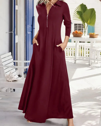 ﻿ Women's Elegant Solid Maxi Dress Fashion Simple Long Skirt 2025 Spring Autumn Slim Long Sleeves Shirt Dresses With Pockets