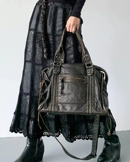 Y2K Spicy Girl One Shoulder Crossbody Bag Vintage Washed Leather Motorcycle Bag Large Capacity Bag